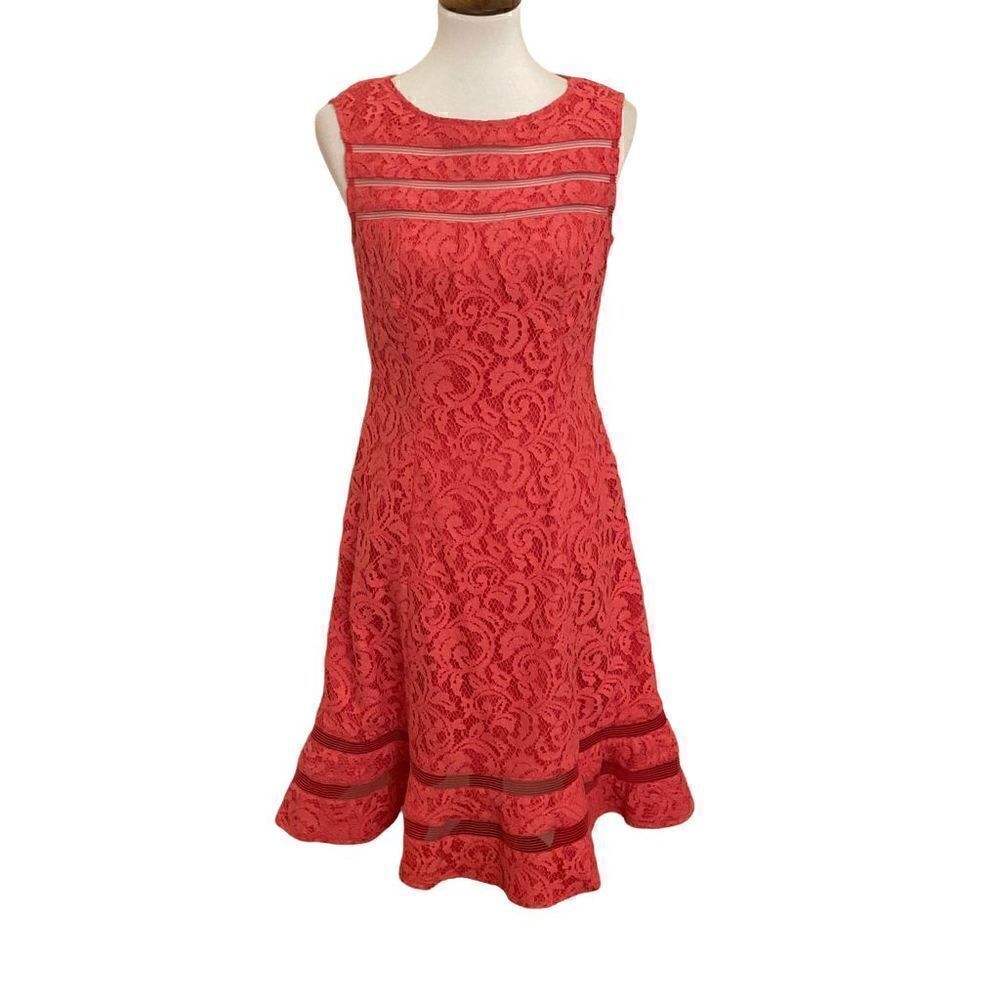Adrianna Papell Coral Pink Sleeveless Floral Lace Dress Size 6
